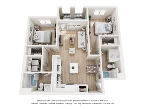 A 3D floor plan of a house with a kitchen, living room, and two bedrooms.